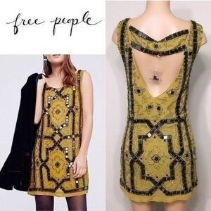 Free People Yellow Green Sheath Dress Plunge Neckline sz 2 gorgeous